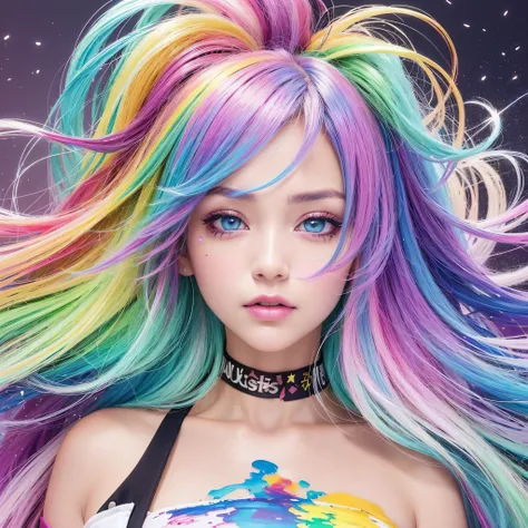 （Pink Fashion T-shirt：1.9），(Colorful hair: 1.8), (all the colours of the rainbow: 1.8),(((((vertical painting：1.6))), （painting：1.6），front, comics, illustrations, paintings, large eyes, crystal clear eyes,（ rainbow color gradient high ponytail：1.7）, exquis...