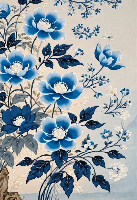 Embroidery works, （A translucent blue embroidery hangs on the wall）, （embroidery），First class embroidery，Silk embroidered blue petals, Surrounded by realistic embroidered flowers, Inspired by Yao Jianping’s Su Embroidery Blue Dream，（Background with：Blue fr...