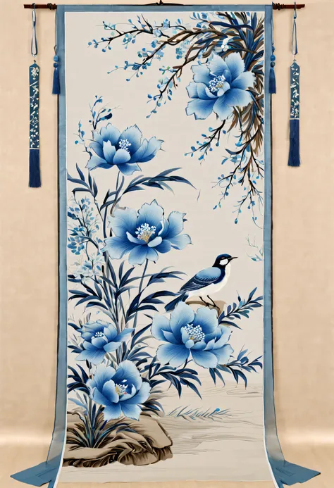 Embroidery works, （A translucent blue embroidery hangs on the wall）, （embroidery），First class embroidery，Silk embroidered blue petals, Surrounded by realistic embroidered flowers, Inspired by Yao Jianping’s Su Embroidery Blue Dream，（Background with：Blue fr...