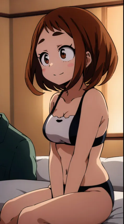 Uraraka Ochako、undergarment、Black underwear、A room in a hotel、Sitting in bed、Tempting、