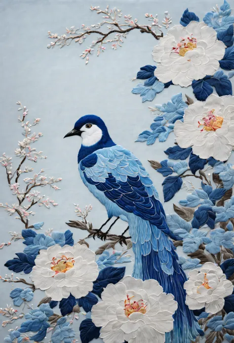 Embroidery works, （Translucent blue embroidery hanging on the wall）, （embroidery），First class embroidery，Silk embroidered blue petals, Surrounded by realistic embroidered flowers, Inspired by Yao Jianping’s Su embroidery《blue dream》，（Background with：Blue f...