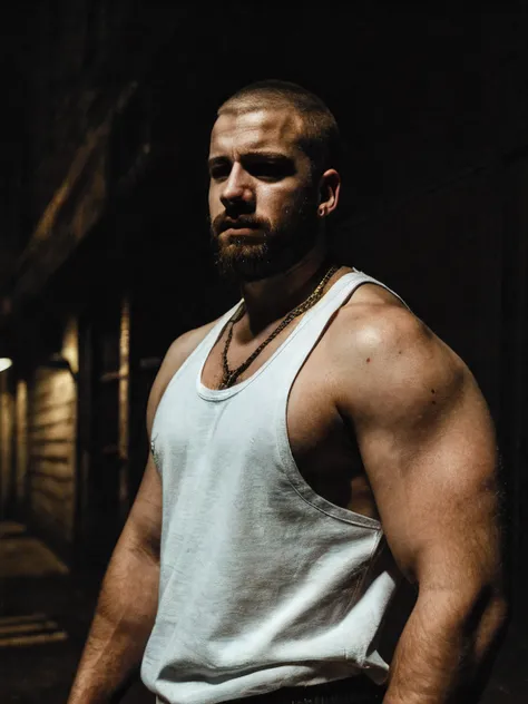 masterpiece, best quality, 1boy,  male, beard, chav, rough, dirty, white tank-top, Mancunian, mean, bully, druggy, skinhead, in the neighbourhood, big arms and pecs , realistic, dramatic lighting, atmospheric, intricate detail,