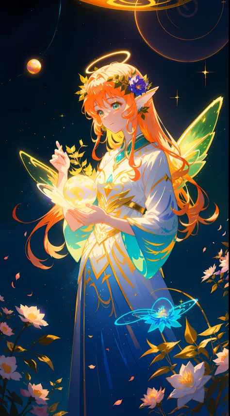 Beautiful girl wearing fairy dress made of flower petals, Beautiful fairy king surrounded by colorful elves and fairies, Glowing little fairy, (Glowing fairy wings), Luminous prom dress, with long coiled hair, Sparkling fairy wings, Watercolor illustration...