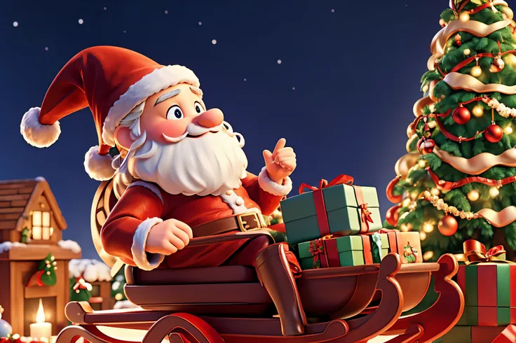 christmas theme,santa claus sits on a sleigh。reindeer pulling sleigh。with many gifts。