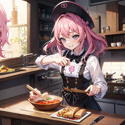 (((Delicat eyes)))、(((zoomed)))、A slight smil、an anime girl, shorth hair, Cute anime girl, Cooking, A pink-haired,hair adornments、Hats、 guweiz, High quality anime art style