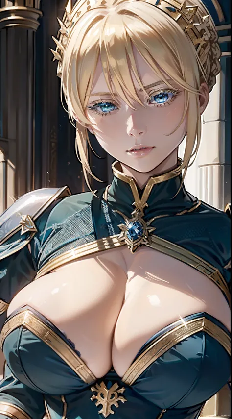 (Artoria Pendragon (Lancer)), adult female, elegant, braided bun, blonde, green eyes, (blonde eyelashes), blue leotard, curvaceous, bare shoulders, huge breast, cleavage cutout, close-up portrait, high resolution, extremely detail 8k cg, throne room.