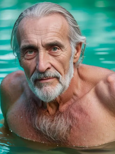 john glover, an elder with a long beard and white hair, with a serene face wrinkles, looking producing, body older weak, skinny ...