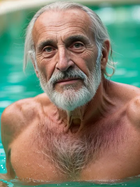 john glover, an elder with a long beard and white hair, with a serene face wrinkles, looking producing, body older weak, skinny ...