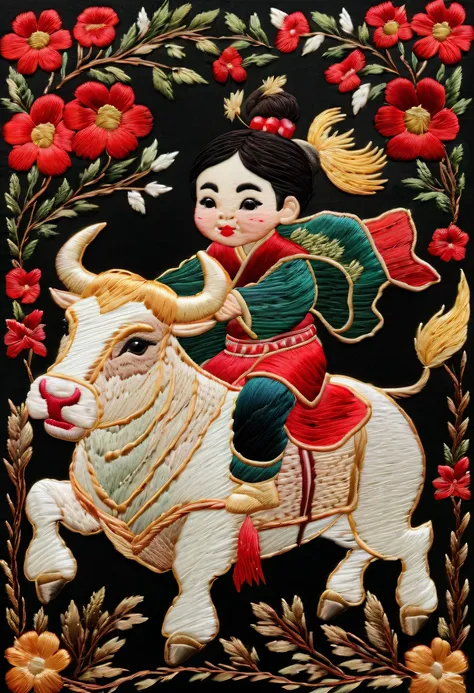Embroidery works,Embroidery children riding bull,Chinese embroidery