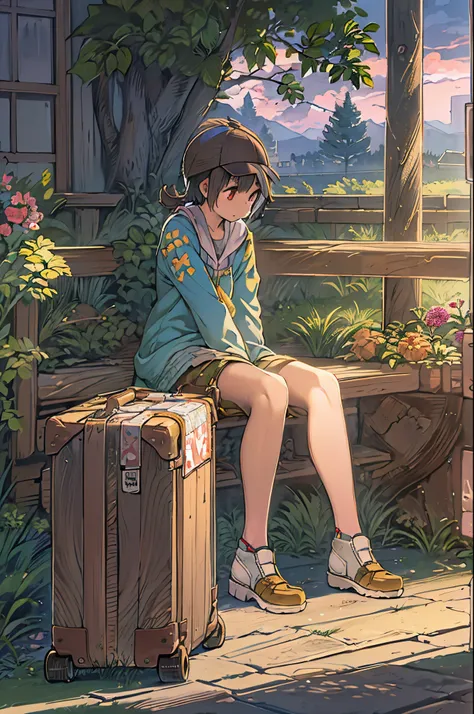 Anime girl sitting on a wooden bench with a suitcase, makoto shinkai art style, Shinkai Makoto style, painted in anime painter studio, By Shinkai Makoto. a digital rendering, lofi-girl, ( ( By Shinkai Makoto ) ), in the style of makoto shinkai, anime style...