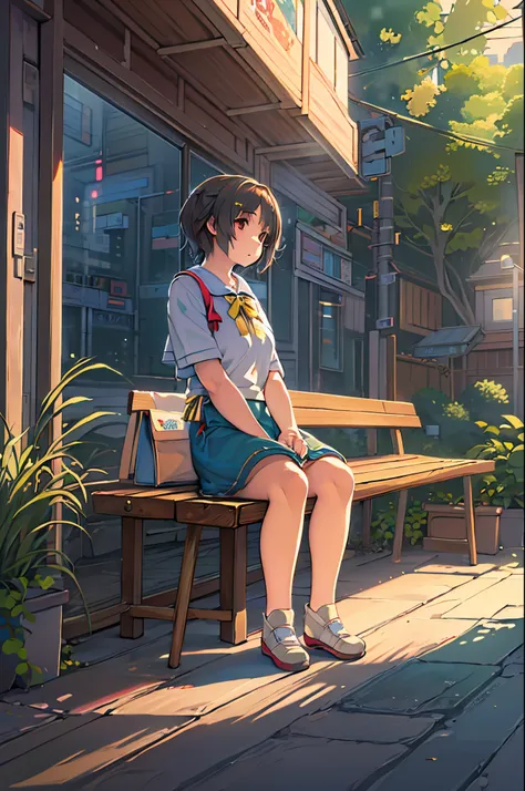 Anime girl sitting on a wooden bench with a suitcase, makoto shinkai art style, Shinkai Makoto style, painted in anime painter studio, By Shinkai Makoto. a digital rendering, lofi-girl, ( ( By Shinkai Makoto ) ), in the style of makoto shinkai, anime style...