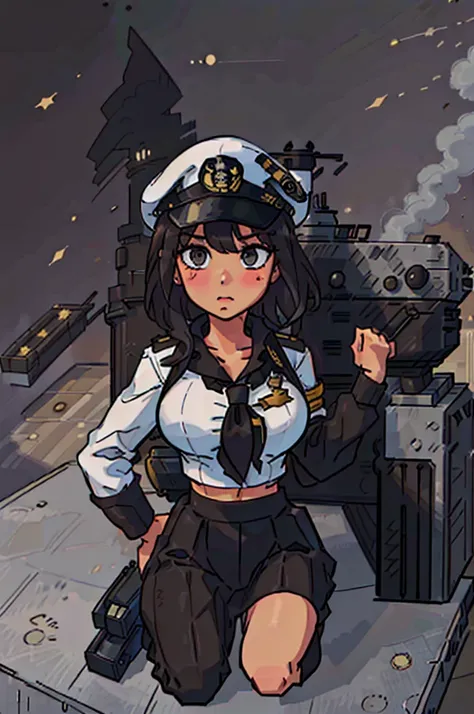 girl, captain, black uniform, aircraft carrier deck in background, 1person, captains hat, sexy pose