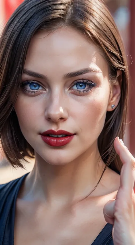 detailed woman face looking at the camera, blue eyes, hot (((thick red lipouth open with sensuality, correct deformed fingers, photorealistic, sharpened eyes, (((eyes to the camera))) slightly smiling