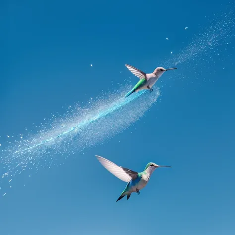 A hummingbird，are flying，Background is blue gradient，Hummingbird in black and white gradient，Hummingbirds with hummingbirds underneath