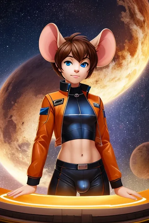 Mouse boy, hide ears, very feminine features, thin lithe feminine body, very small chest, pixie-cut hair, mouse ears, mouse tail, light-brown hair and blue eyes, Dressed in orange and black sci-fi leather pilot suit, cropped jacket, tight shirt, very large...