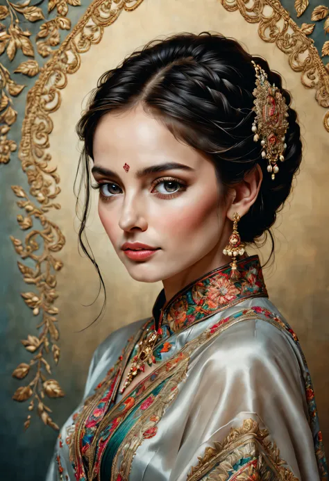 (high qulity, Detailed portrait:1.2), Realistic oil painting, closeup portrait, Exquisite embroidery skills, Facial features come to life, Detailed stitching, Vibrant thread colors, exquisite silk fabric, Shiny highlights and shadows, clever color mixing, ...