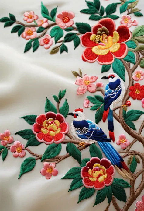 Draw an embroidery work，flower and bird embroidery，Chinese clothing design，Silk fabric，