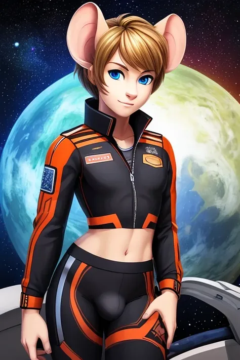 Mouse boy, hide ears, very feminine features, thin lithe feminine body, very small chest, pixie-cut hair, mouse ears, mouse tail, blonde-brown hair and blue eyes, Dressed in orange and black sci-fi leather pilot suit, cropped jacket, tight shirt, very larg...