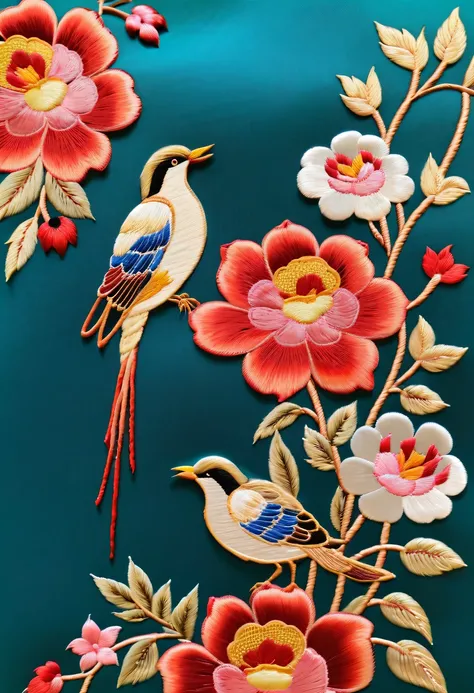 Draw an embroidery work，flower and bird embroidery，Chinese clothing design，Silk fabric，