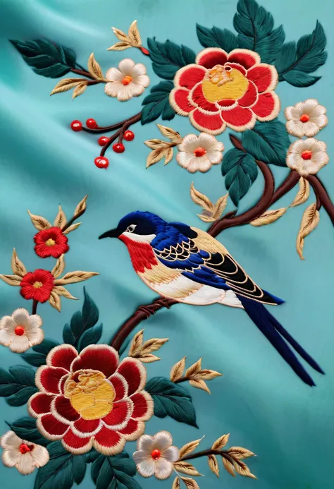 Draw an embroidery work，flower and bird embroidery，Chinese clothing design，Silk fabric，