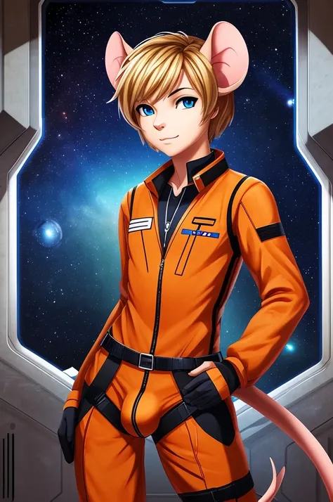 Mouse boy, hide ears, very feminine features, thin lithe feminine body, very small chest, pixie-cut hair, mouse ears, mouse tail, blonde-brown hair and blue eyes, Dressed in orange and black sci-fi leather pilot suit, cropped jacket, tight shirt, very larg...