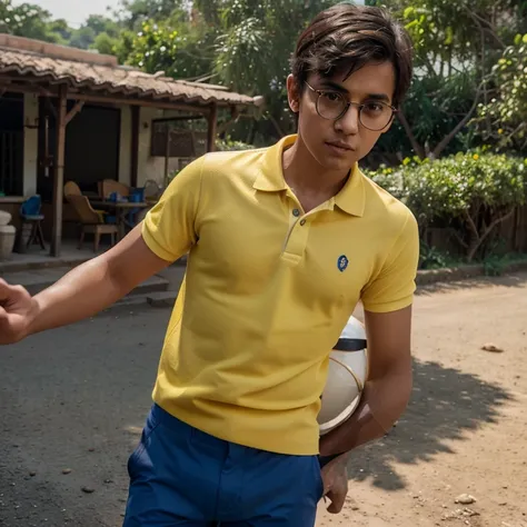 A boy wearing a yellow, short-sleeved polo shirt with a white collar, paired with blue shorts and round spectacles, with Indian countryside street in background, round face, short Stature, not 3d, Highly Detailed, Studio Lighting, 8k, Octane Render, Photor...