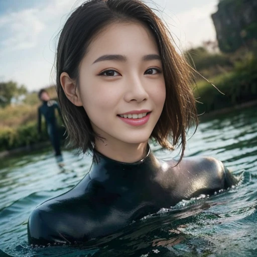 top-quality、​masterpiece、超A high resolution、(Photo Real:1.4)、(1girl in)、long-sleeve、(The sheen、wet suit、short-hair)、body suit、high-necked、(wetting hair)、A smile、Swim、Floating on water