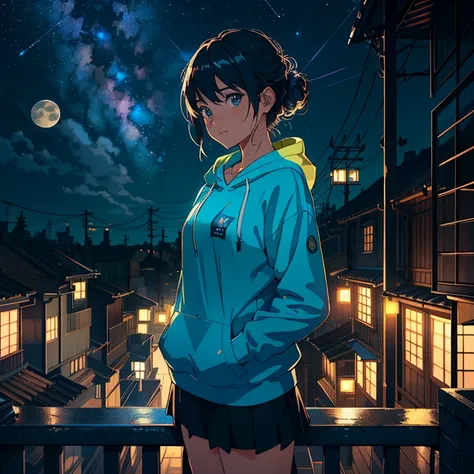 Realistic, Real life, Beautiful cute little girl standing on roof looking at the sky, Detailed cities below with lanterns, Very detailed by Greg Lutkowski Makoto Shinkai Kyoto Animation Key Art Feminine mid-shot, style of Laurie Greasley, Studio Ghibli, Ak...