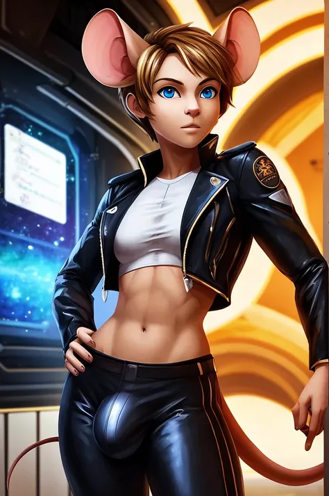 Mouse boy, hide ears, very feminine features, thin lithe feminine body, very small chest, pixie-cut hair, mouse ears, mouse tail, blonde-brown hair and blue eyes, Dressed in orange and black sci-fi leather pilot suit, cropped jacket, tight shirt, very larg...