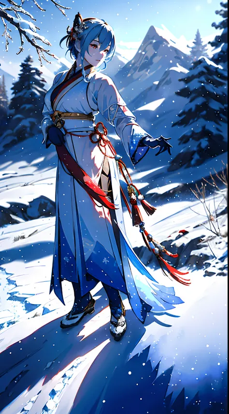 Ganyu, Genshin Impact,  adept, wearing a traditional Liyue gown, overlooking a vast frozen landscape with icy mountains and a serene blue sky, (majestic:1.2) (realism:1.1) (crisp details) (vivid colors) (grandeur) (immersive) (high-resolution) (snow-covere...