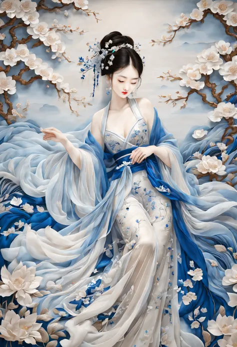 embroidery，Three-dimensional embroidery，(A gorgeous blue Suzhou embroidery picture hangs on the wall）,blue and white petals, Silk material embroidery, The inspiration for Yao Jianping’s Su embroidery dream，semi transparent，abundant cleavage,painting on sil...