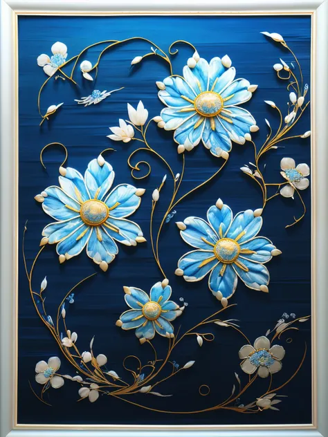 (a picture of blue ornate suzhou embroidery hangs on the wall）,blue-white petals, silk material embroidery,  inspired by yao jia...