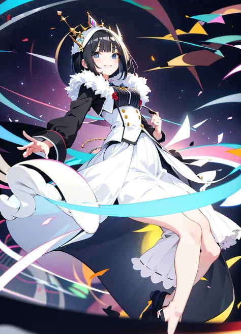 anime girl with black bob hair dressed as a princess, white brim、bright smile