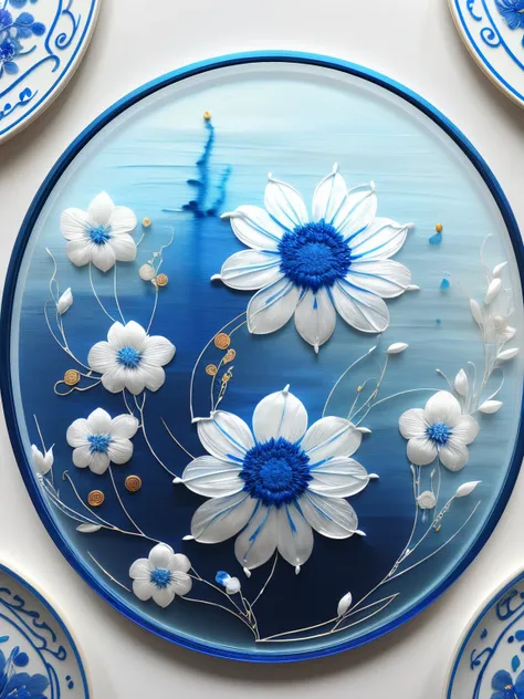 (A picture of blue ornate Suzhou embroidery hangs on the wall）,blue-white petals, Silk material embroidery,  Inspired by Yao Jianping’s dream of Su embroidery works，semi transparent，Rich cleavage,painting on silk, alcohol ink art