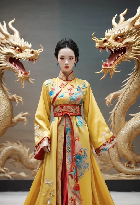 Embroidered robes，dragon embroidery，Chinese clothing design，Silk fabric，catwalks，A queen