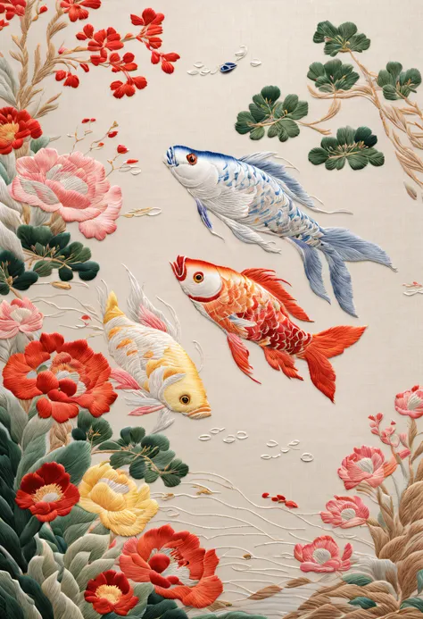 ( embroidery works)，the fish is slender and agile，background with：a plant，squirtle，traditional chinese colors，low-saturation，lev...