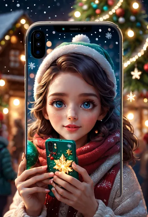 A girl holding a phone with a Christmas-themed phone case, beautiful detailed eyes and lips, medium:3D rendering, festive decorations, cozy winter vibes, best quality, ultra-detailed, warm and vibrant colors, sparkling fairy lights, glowing Christmas tree,...