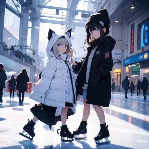 ​masterpiece,cute girl and kitten,ice skating,ice rink,figure skating costumes