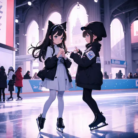 ​masterpiece,cute girl and kitten,ice skating,ice rink,figure skating costumes