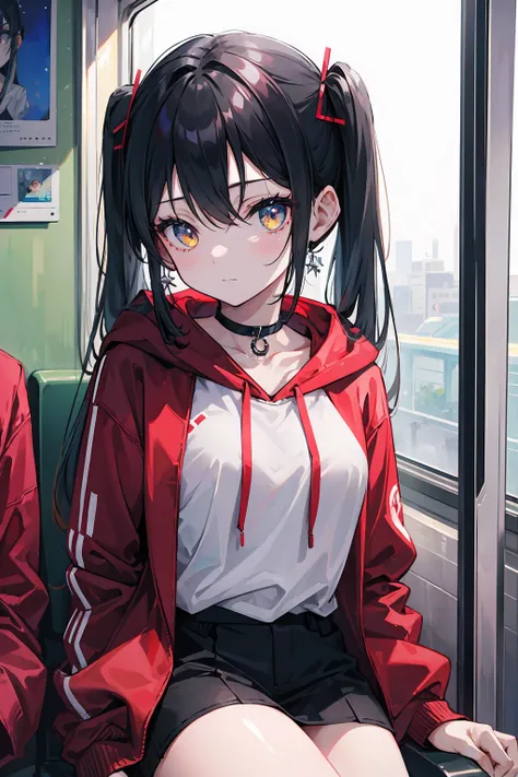 (masterpiece, best quality, 4k, insane details, watercolor, 1girl), long black hair, long twintails, cute hair pins, yellow eyes, choker, wearing a long black hoodie that covers her thighs, oversize clothes, sitting inside a train, leaning on the train win...