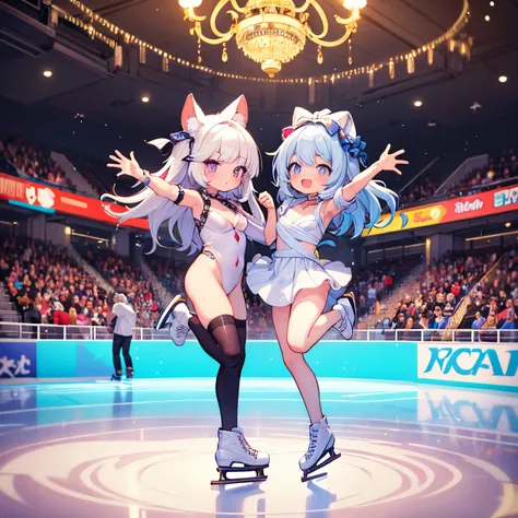 ​masterpiece,cute girl and real kitten,ice skating,ice rink,figure skating costumes,ice rink