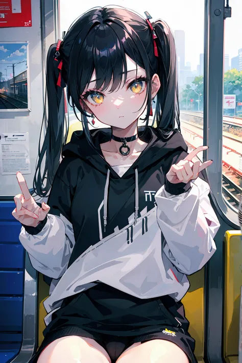 (masterpiece, best quality, 4k, insane details, watercolor, 1girl), long black hair, long twintails, cute hair pins, yellow eyes, choker, wearing a long black hoodie that covers her thighs, oversize clothes, sitting inside a train, leaning on the train win...