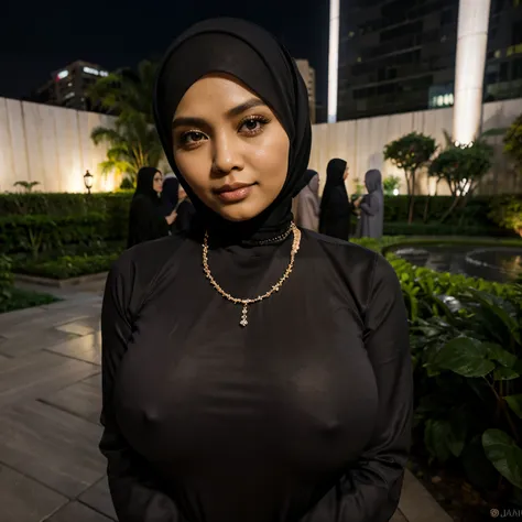 32 Years old, Indonesian mature woman, wearing narrow Hijab, perfect , natural Gigantic breast : 66.9, gorgeous eyes, Soft smile, Diamond Necklace, wearing tight abaya, body hugging abaya, Nightime walk, City garden, Excellent lighting, Light colors, Clean...