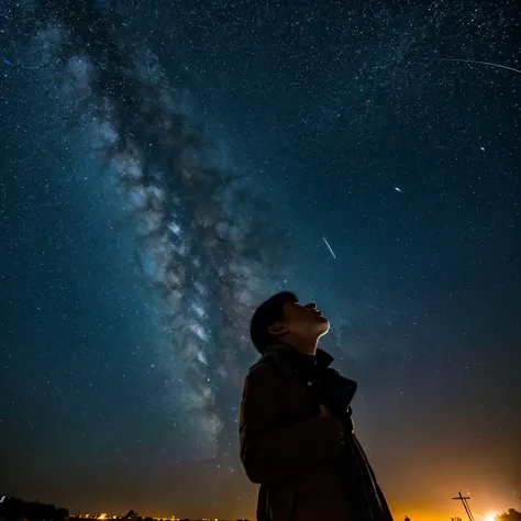 Parent and child looking up at the starry sky