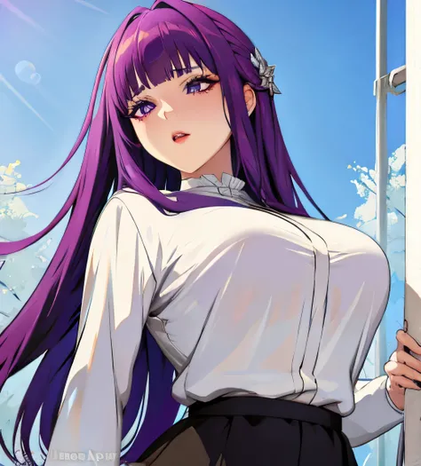 masterpiece, best quality, absurdres, half body, close-up, close up, breast focus, beautiful face, perfect anatomy, 1girl, solo, FernFrieren, very long hair, purple eyes, (purple pupils), white dress, black robe, large breasts, outdoors, square background,...