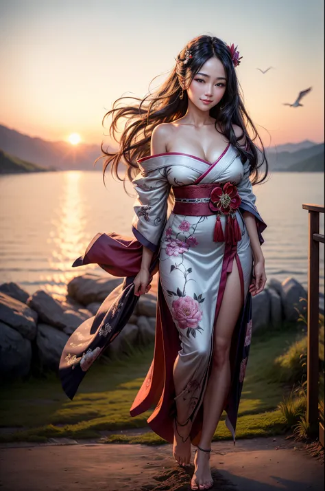 "((hyperrealistic, photorealistic, full body, 8k, intricate details, maximum quality, ultra-detailed texture,)) a beautiful geisha, with flowing black hair, full lips, full breasts, thick thighs, barefoot, wearing a low-cut sensual kimono, standing on a sm...