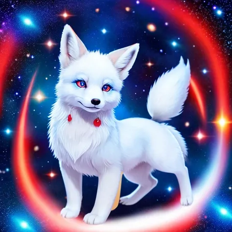 A blue and white fox with red eyes and three tails. The background is space.