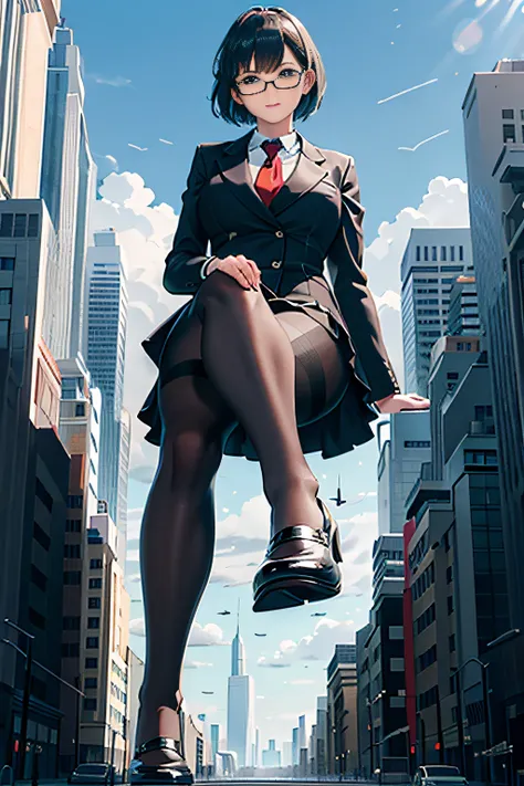 giantess art, a hyperrealistic schoolgirl, highly detailed giantess shot, der riese, Shorthair, Black pantyhose, A gigantic high school girl that exceeds a skyscraper, Wearing rimless glasses, Colossal tits, Navy blue blazer, Red tie, Mini Length Skirt, Bl...