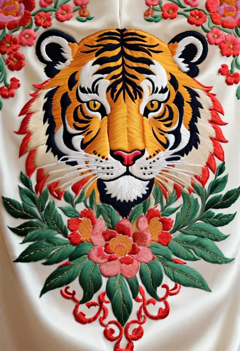 Draw an embroidery work，Tiger embroidery，Chinese clothing design，Silk fabric，Symmetrical style