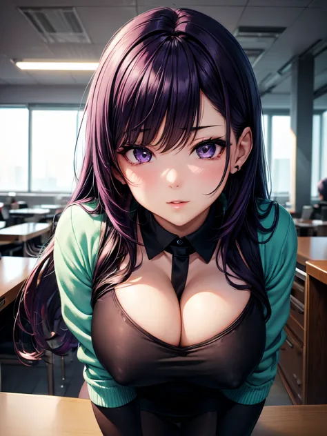 sexy anime girl, big bust, dark purple hair, teal eyes, office top, black pencil skirt, pantyhose tights, leaning forward, close up pov, good lighting